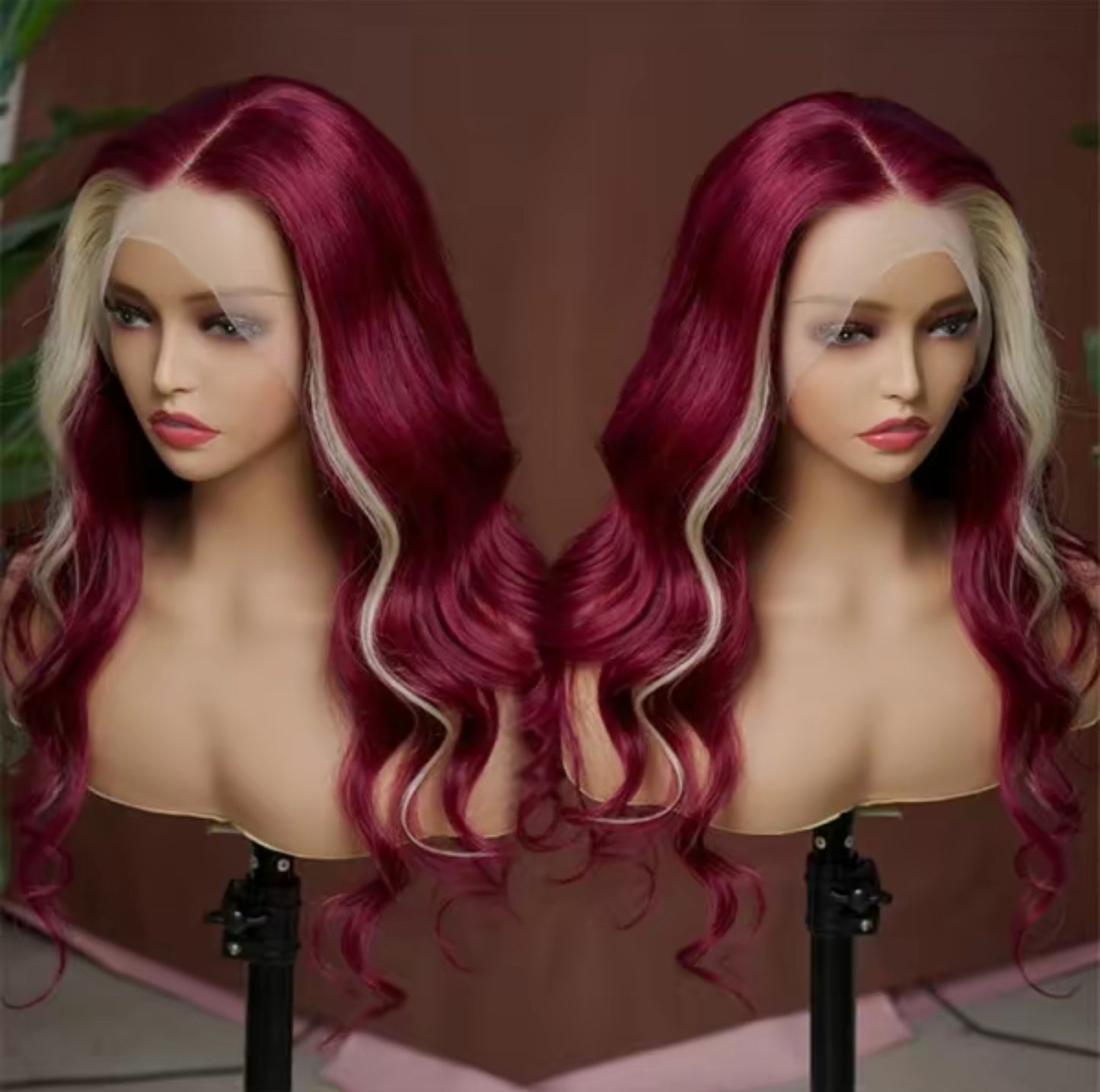 Burgundy & Blonde Skunk Stripe Wig