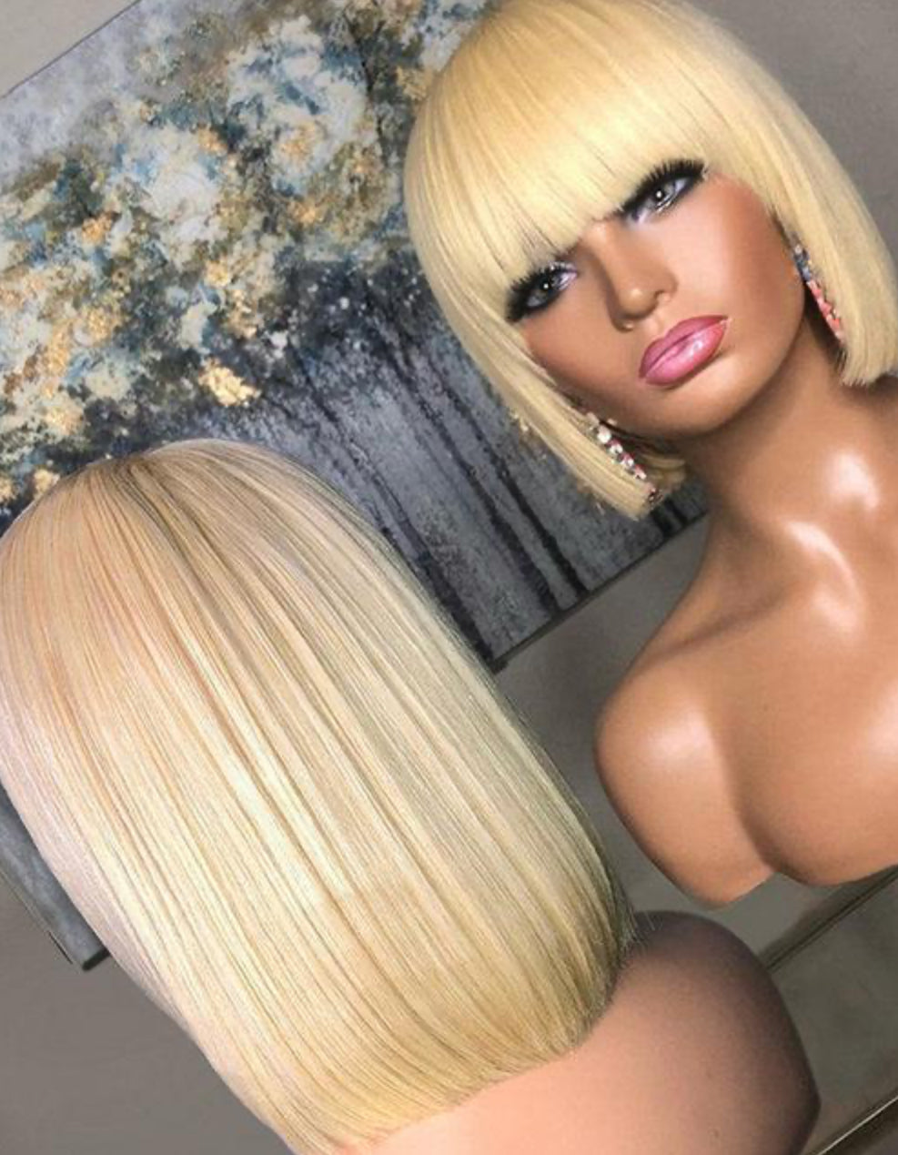 Blonde Bob Cut Human Hair Lace Front Closure Wigs With Bang